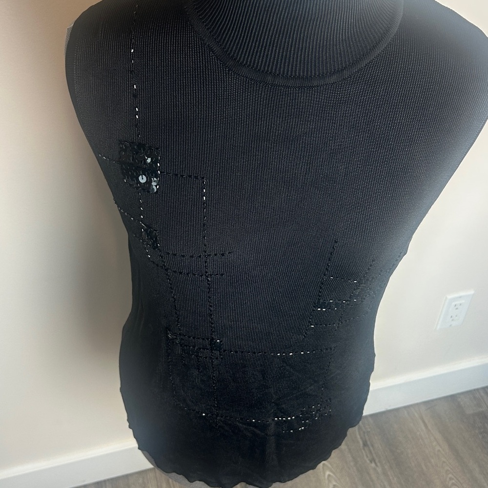 Y2K Valenti Black Ribbed Stretch Turtleneck Top – Beaded Patchwork – Size L